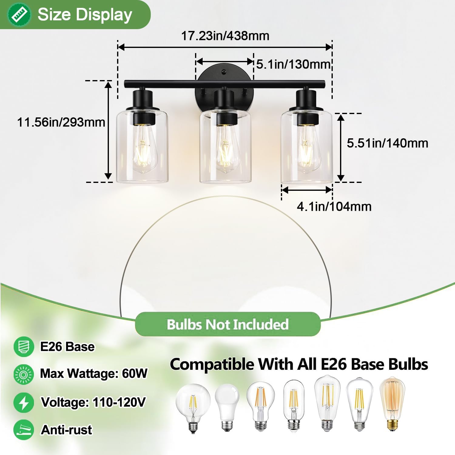 3-Light Bathroom Light Fixtures, Black Modern Vanity Lights with Clear Glass Shade, Bathroom Wall Lamp for Mirror Kitchen Living Room Hallway Cabinet Porch